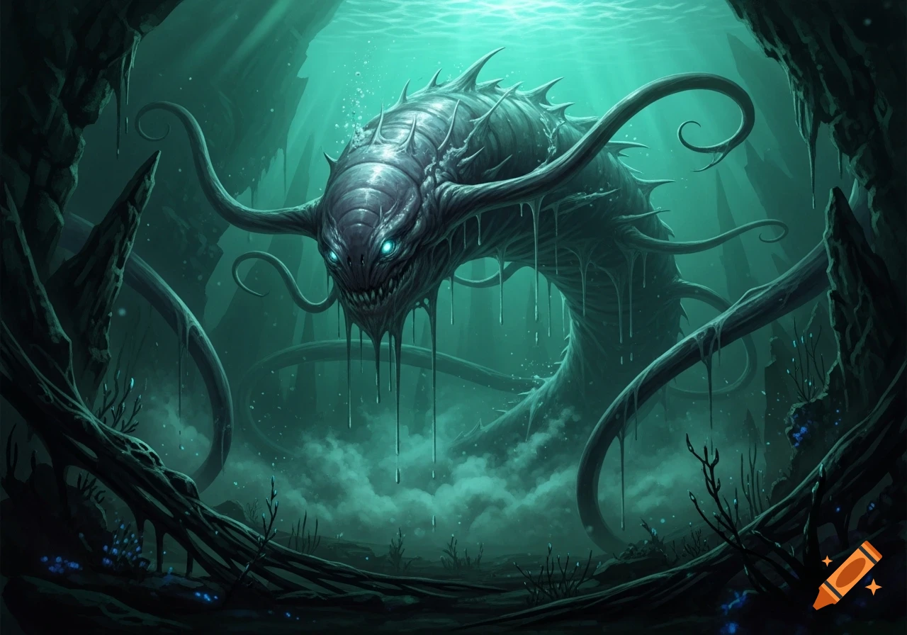 A grotesque, spiky aboleth monster with glowing blue eyes emerges from ...