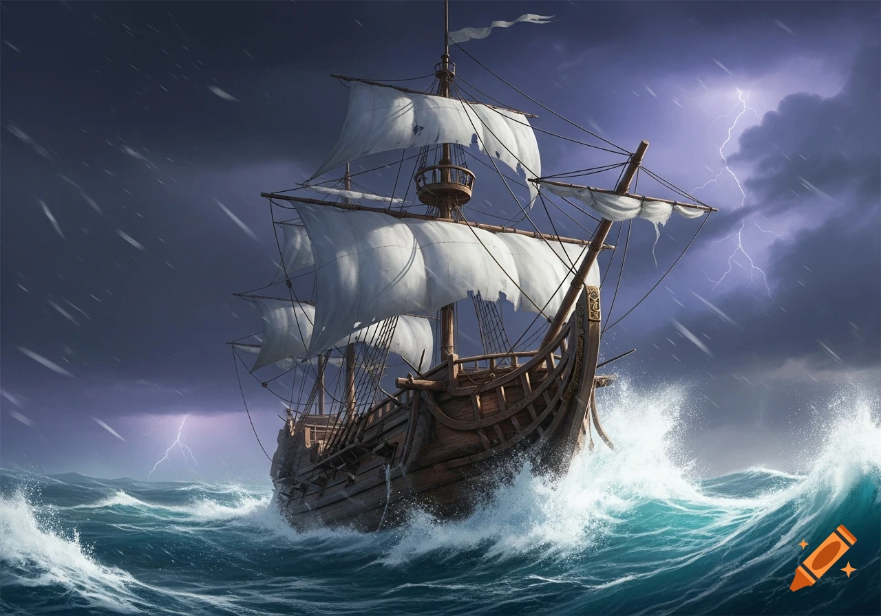 An old wooden ship with tattered sails battles massive waves during a lightning storm at sea.