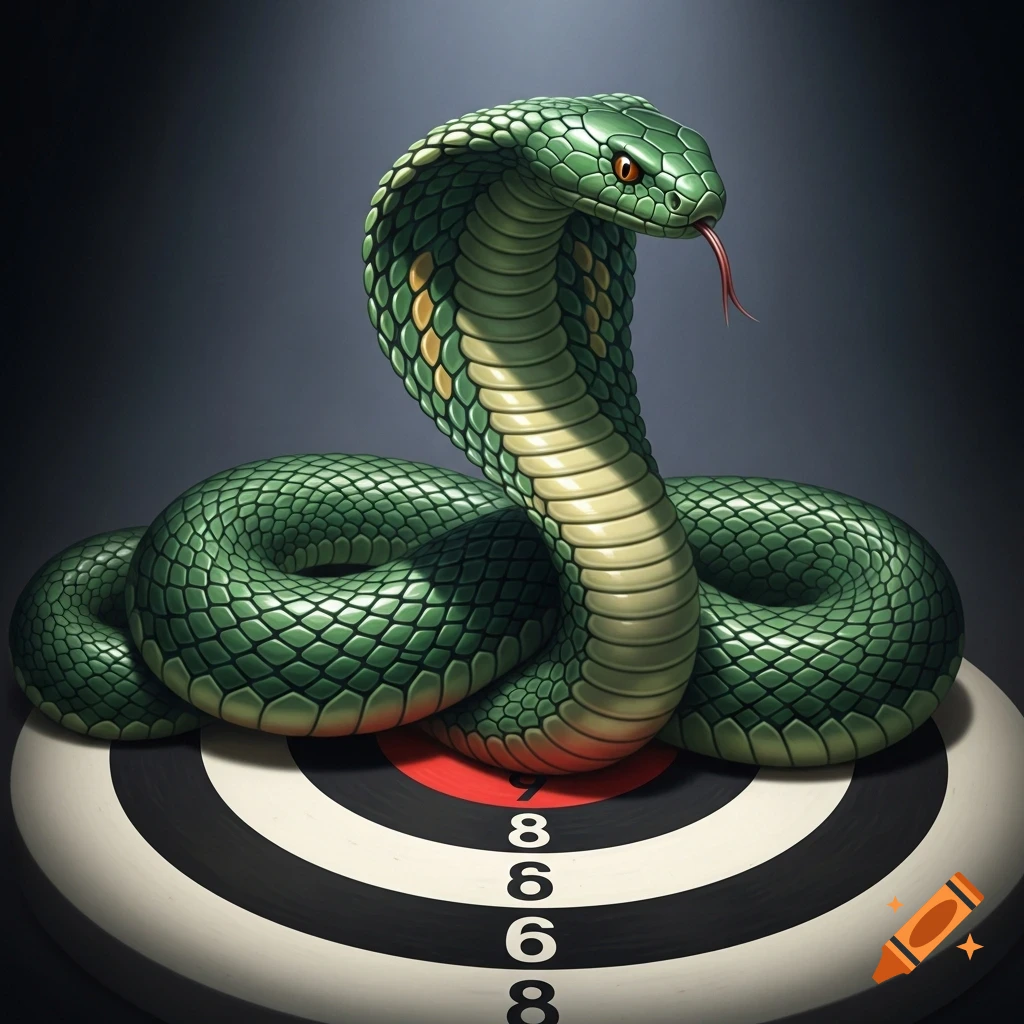 A vibrant green cobra with a golden belly rears up from the bullseye of a dartboard, its tongue flicking out.