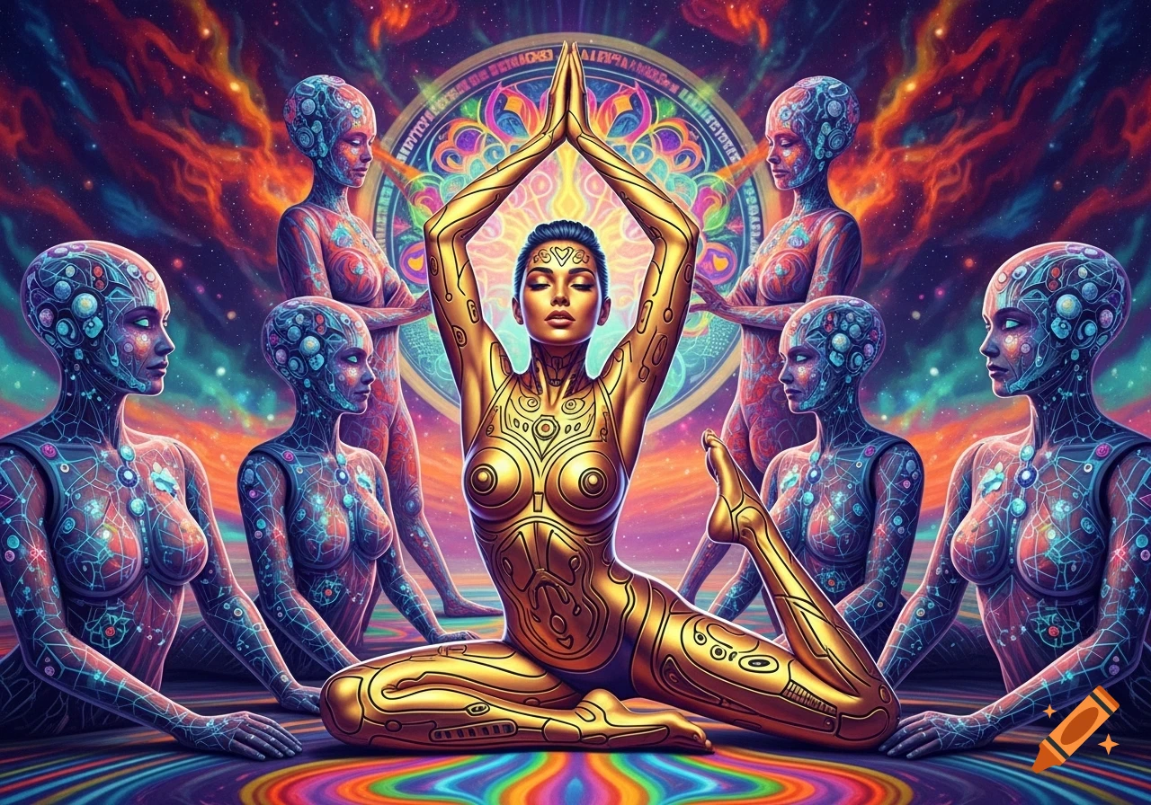 A gold-skinned woman in a yoga pose surrounded by colorful cyborgs against a vibrant, psychedelic space background.