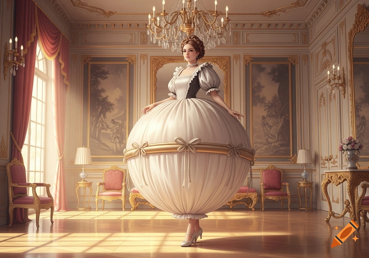 A woman in a voluminous, balloon-like white dress stands in a luxurious, ornate gold and white room.
