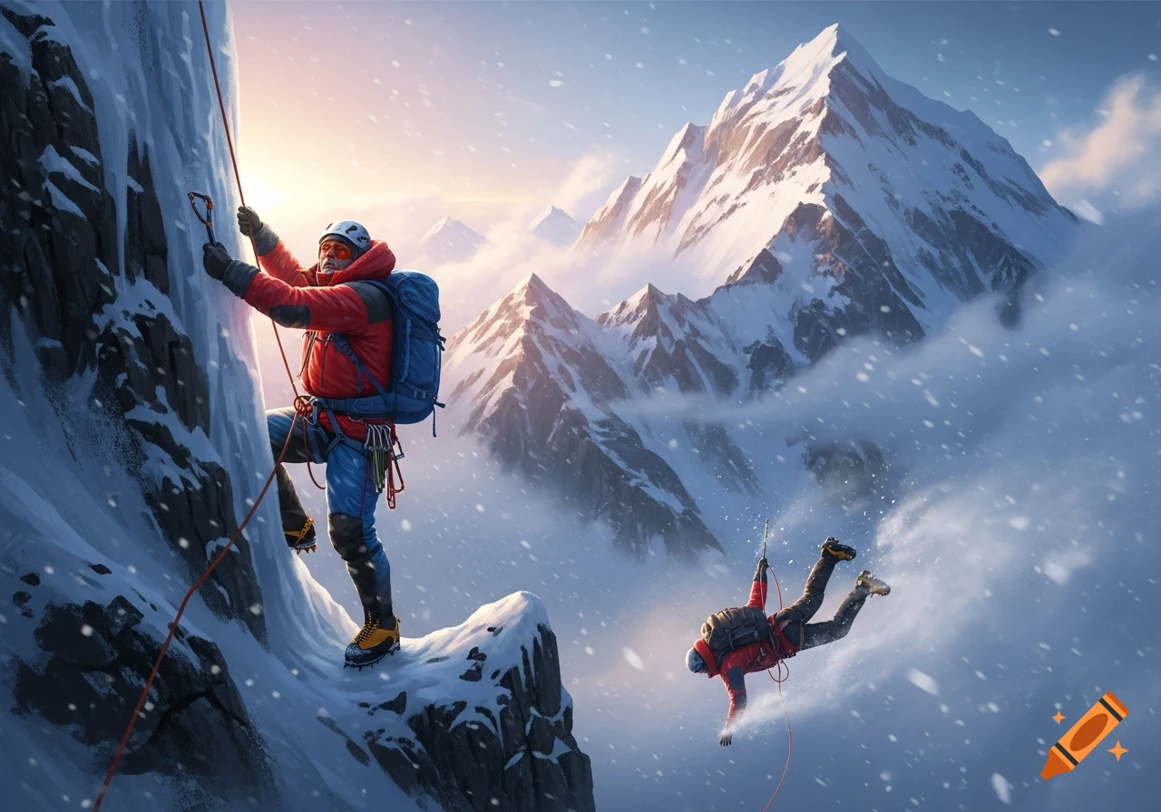 Two mountaineers on a snowy mountain, one climbing an icy cliff face while the other falls, against a backdrop of snow-capped peaks and falling snow.