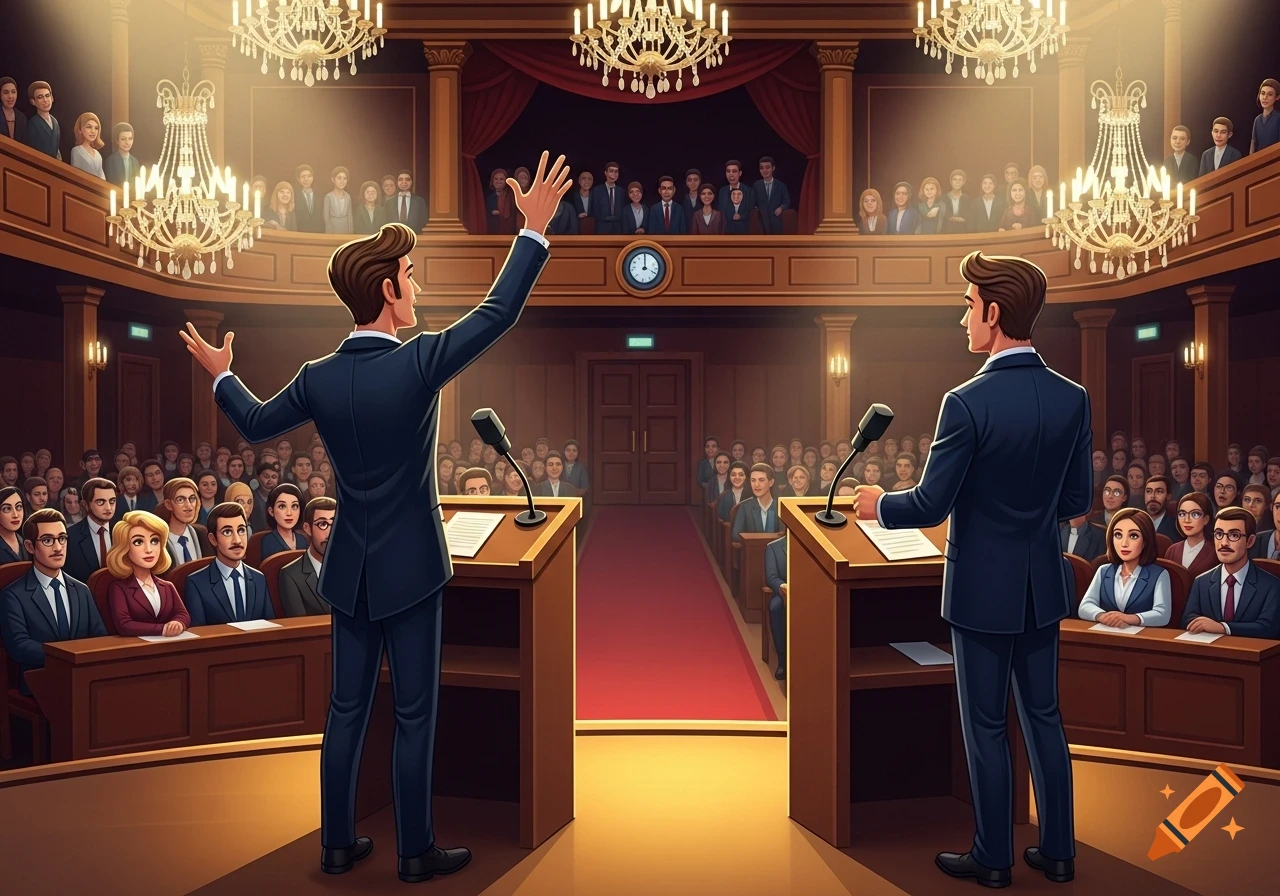 Two men in suits speak at podiums in a grand hall with an audience and chandeliers, in a stylized cartoon.