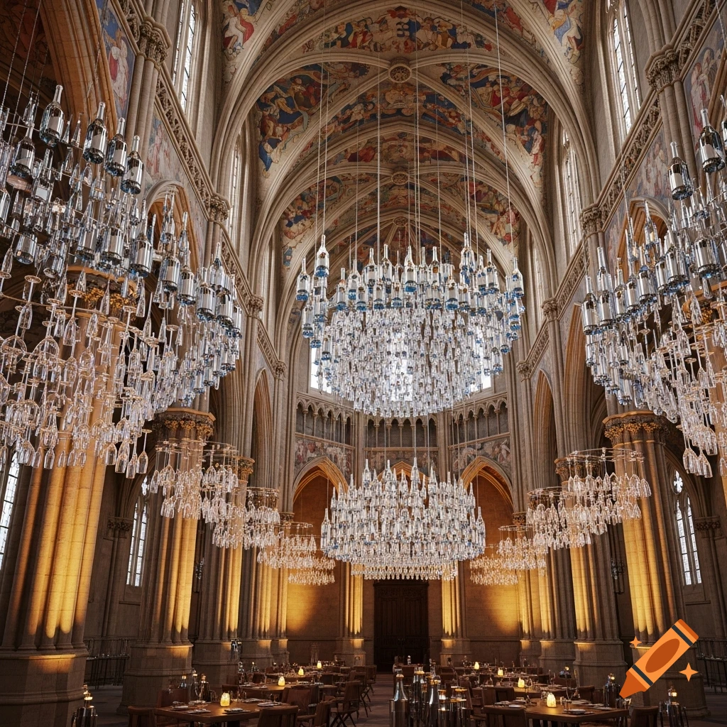 Ornate cathedral interior with massive chandeliers made from bottles and glasses, tables set for dining below vaulted, painted ceilings.
