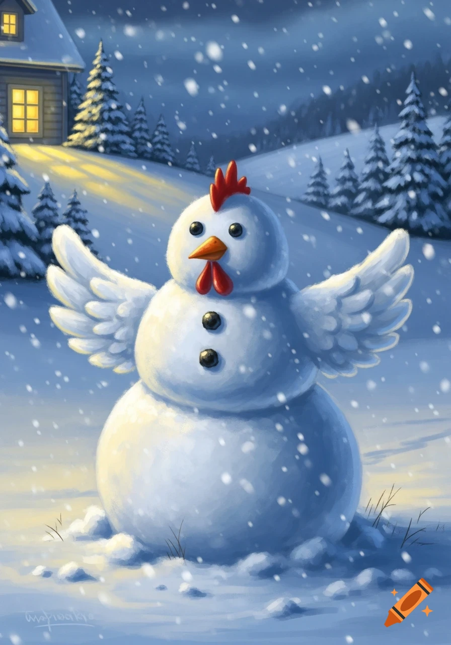 A whimsical chicken snowman with a comb, wattle, beak, and wings stands in a snowy landscape with a cozy house in the background, a digital illustration.
