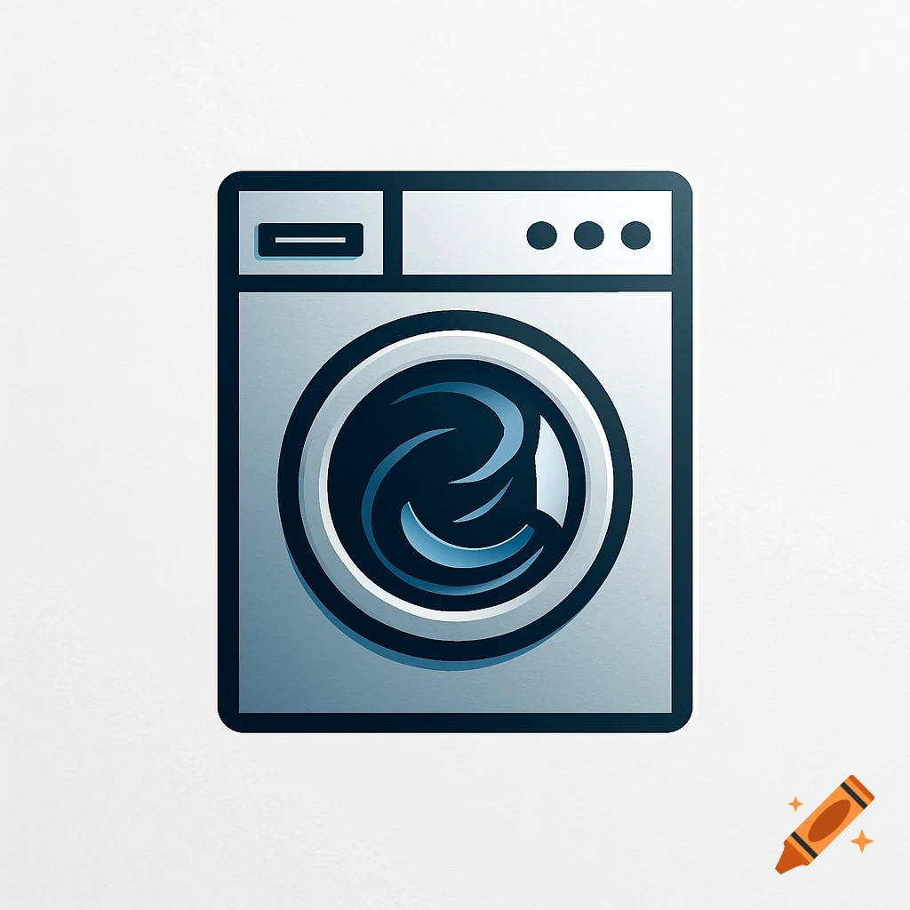 Stylized dark blue and silver washing machine logo on a white background.