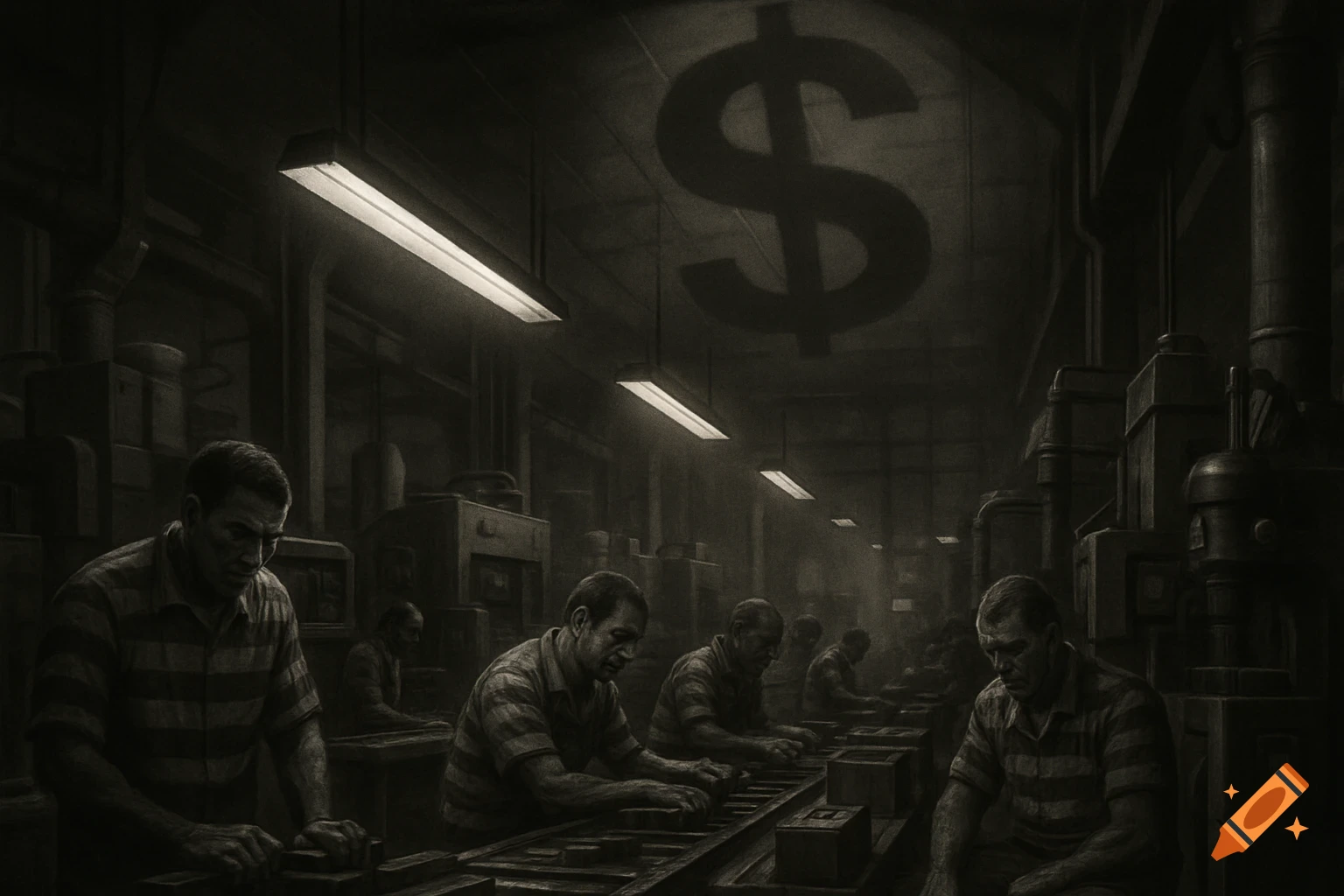 Men in striped shirts work in a dark, factory-like setting under a dollar sign shadow, depicting exploitative labor.