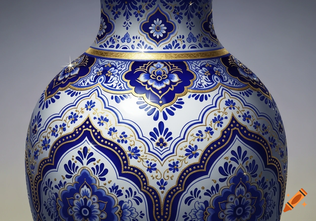 Close-up of a vase adorned with intricate blue and gold Delft-style floral and geometric patterns.