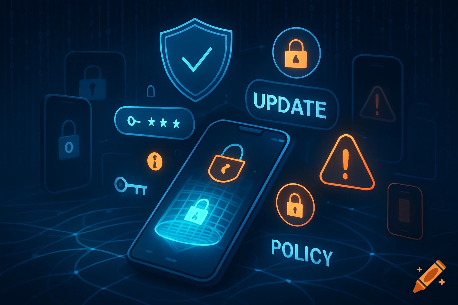 A glowing blue and orange digital illustration of a smartphone surrounded by cybersecurity icons like a shield, locks, keys, and warning signs, with text 'UPDATE' and 'POLICY'.