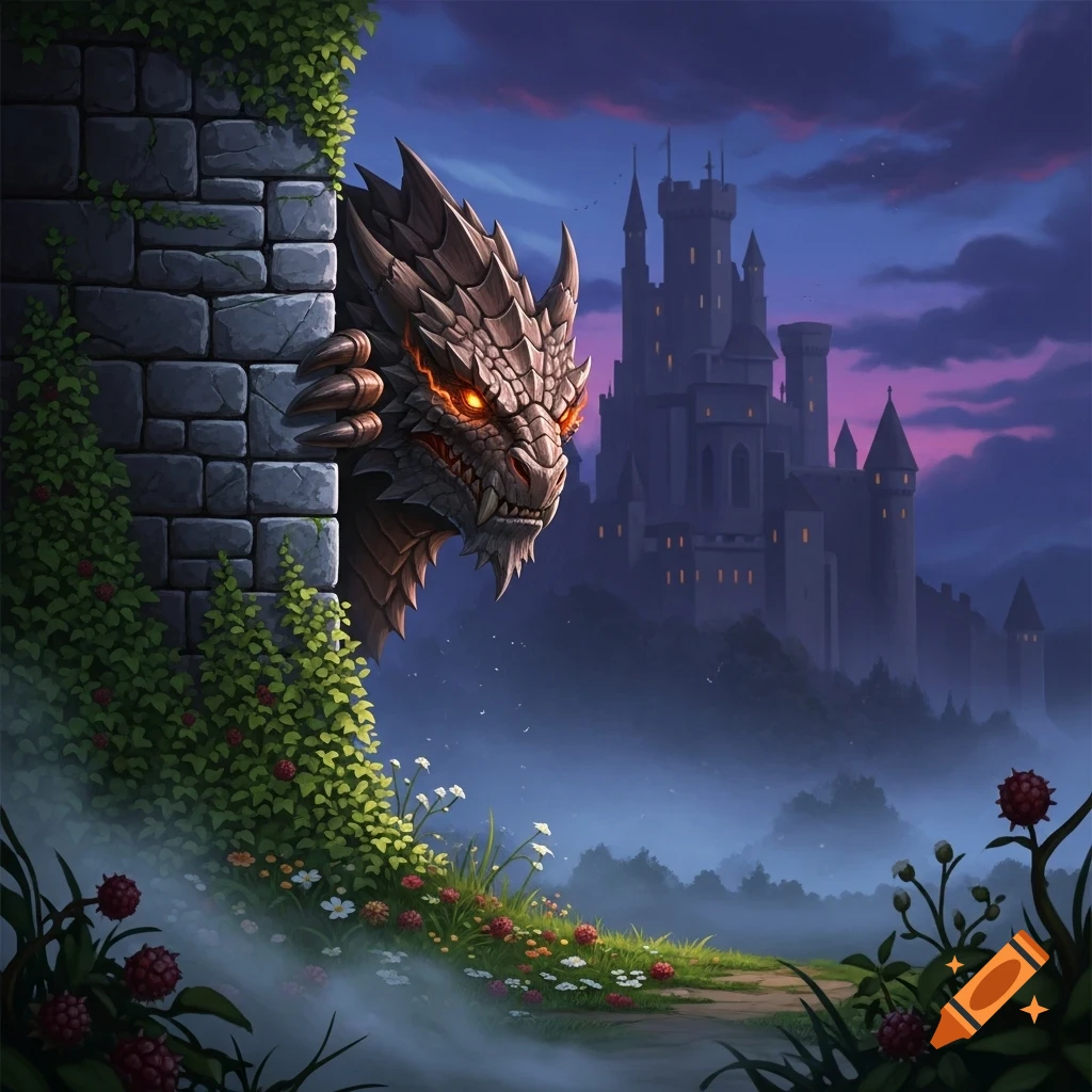 A dragon's head with glowing eyes peeks from behind an ivy-covered stone wall, with a dark castle in a misty twilight landscape.