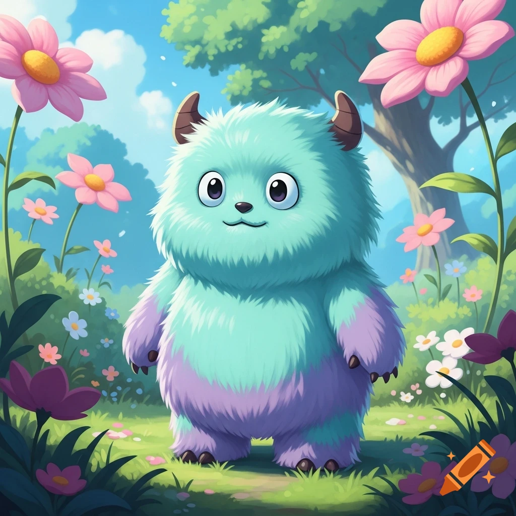 A cute, fluffy blue and purple monster with big eyes and small horns stands in a vibrant, flowery meadow under a blue sky, in a whimsical illustration style.