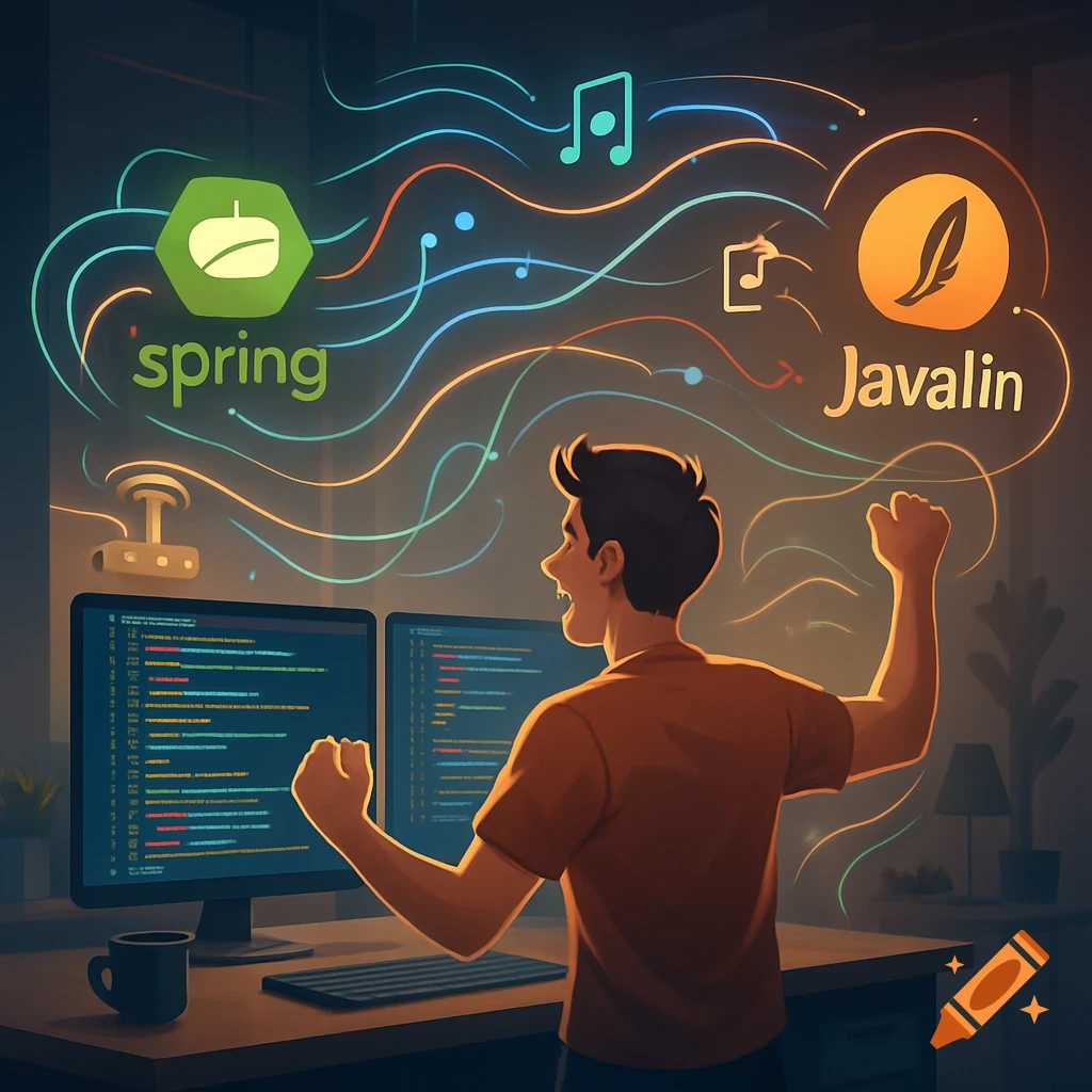 A triumphant man coding on two monitors, celebrating. Above him, glowing lines connect icons with 'spring' and 'Javalin' text.
