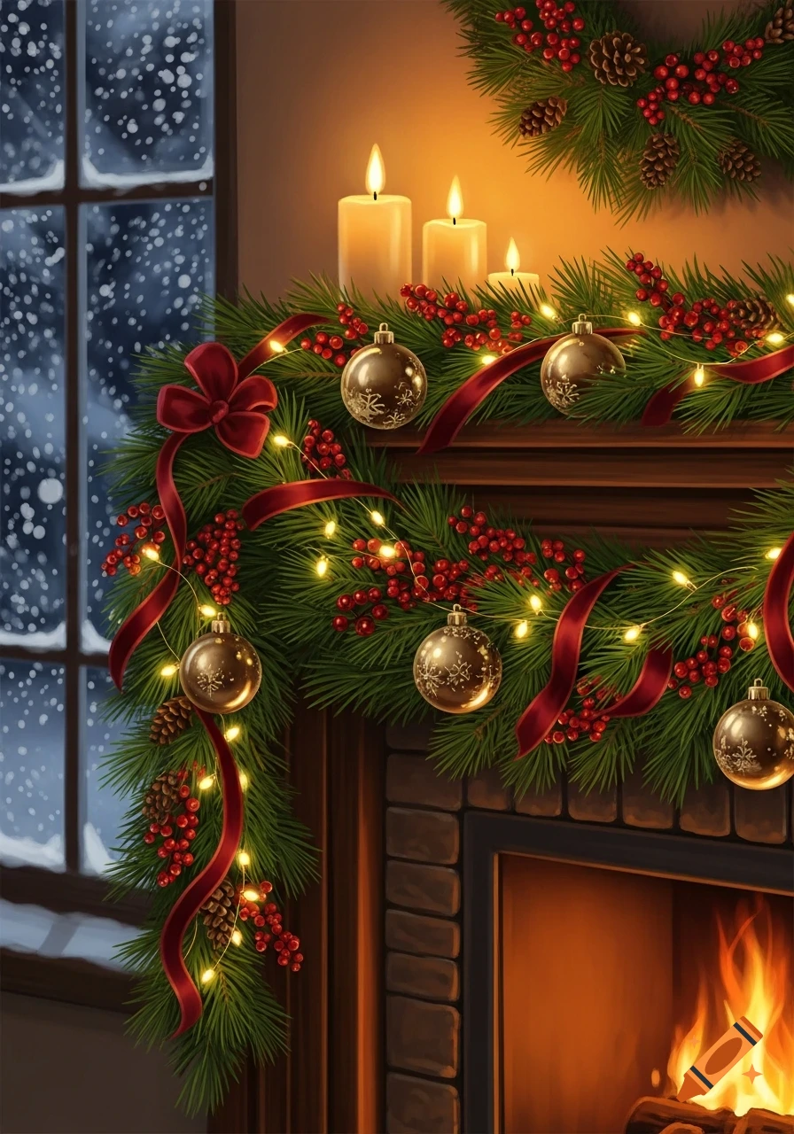 A Christmas garland with lights, ornaments, and ribbons decorates a fireplace mantel with lit candles and a snowy window.