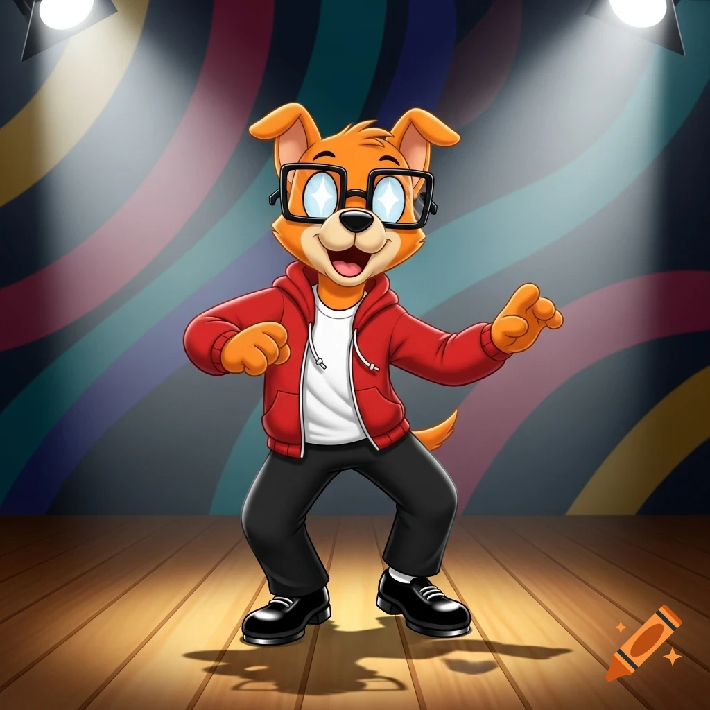 An anthropomorphic orange cartoon dog in a red hoodie and black eyeglasses tap dancing on a stage under spotlights.