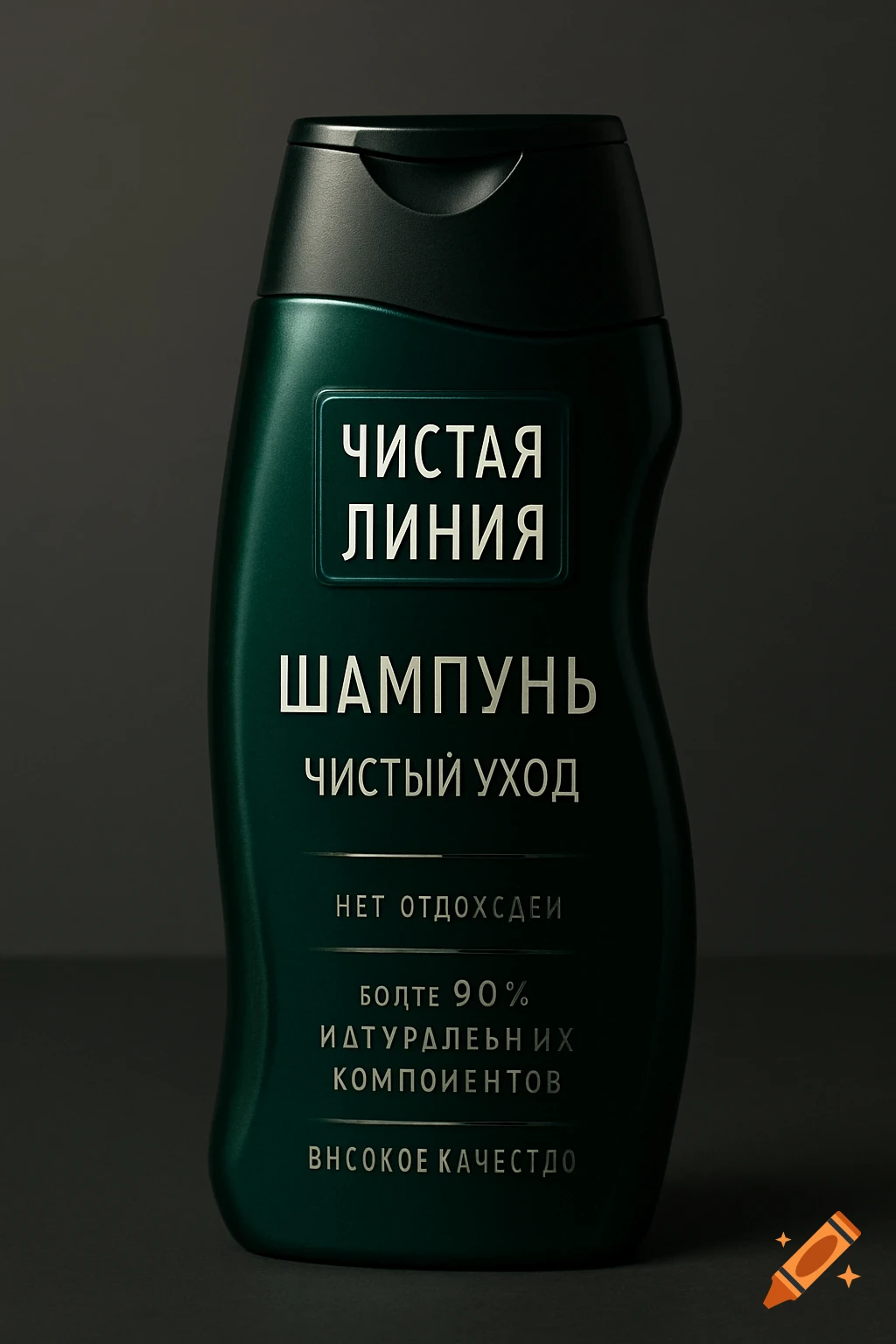 A dark green shampoo bottle with a dark cap, featuring "Чистая линия" and other text in silver on a black background, with soft lighting.