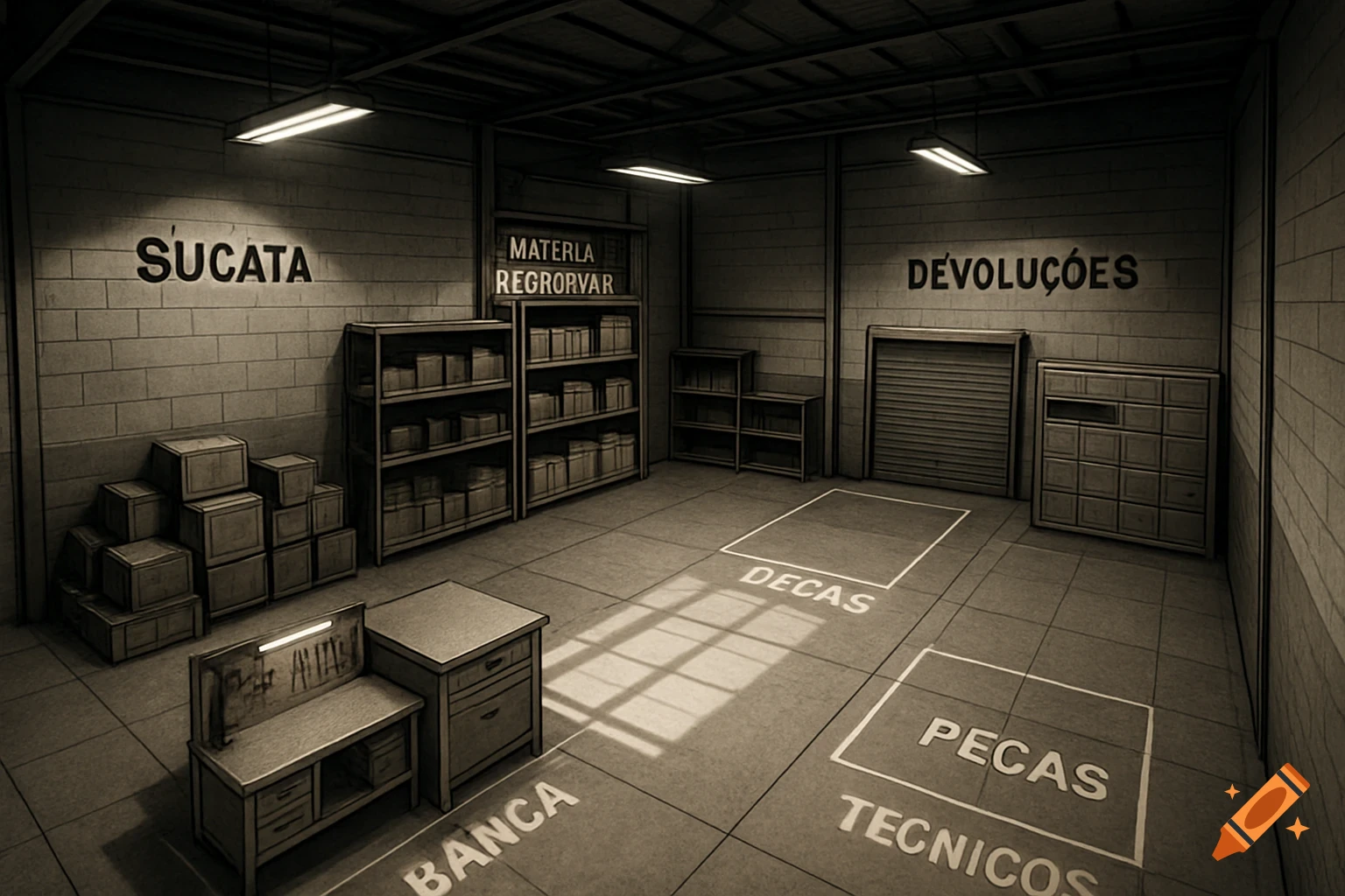 Industrial warehouse interior with storage shelves, stacked boxes, workbenches, and labeled floor sections, in sepia tones.