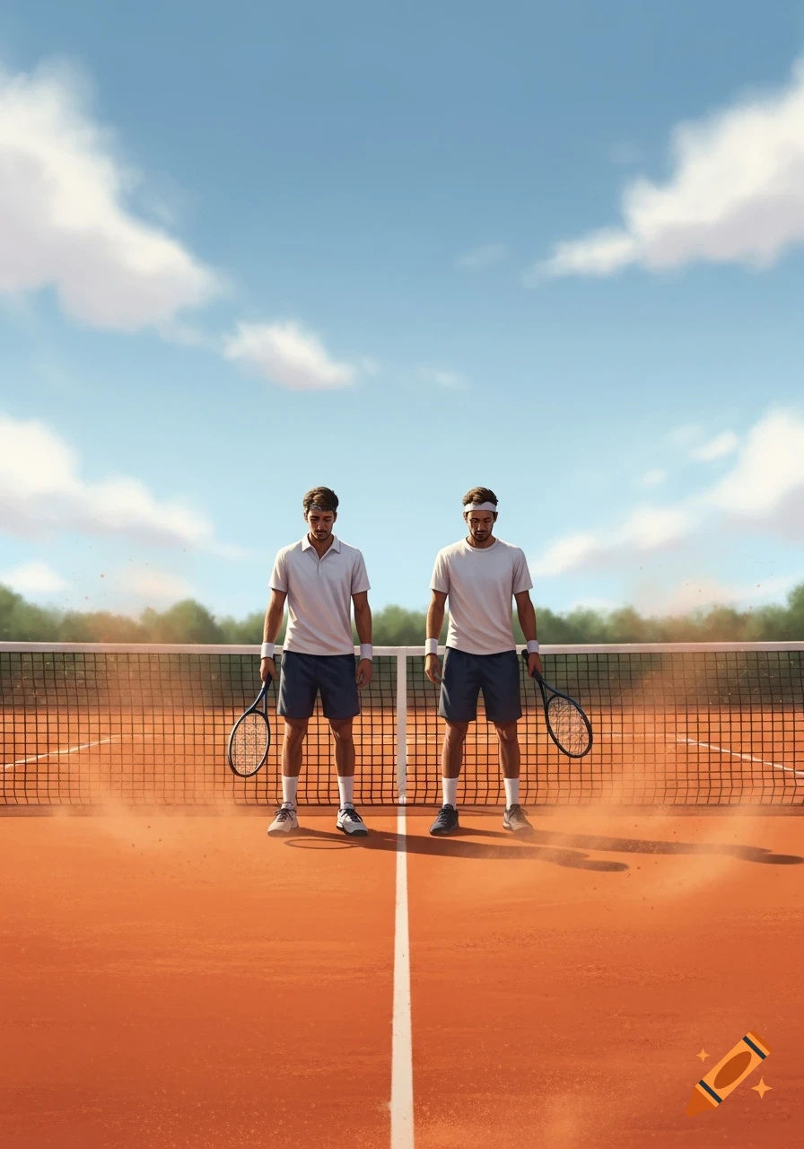 Two male tennis players stand on a clay court with a net under a blue sky, holding rackets.