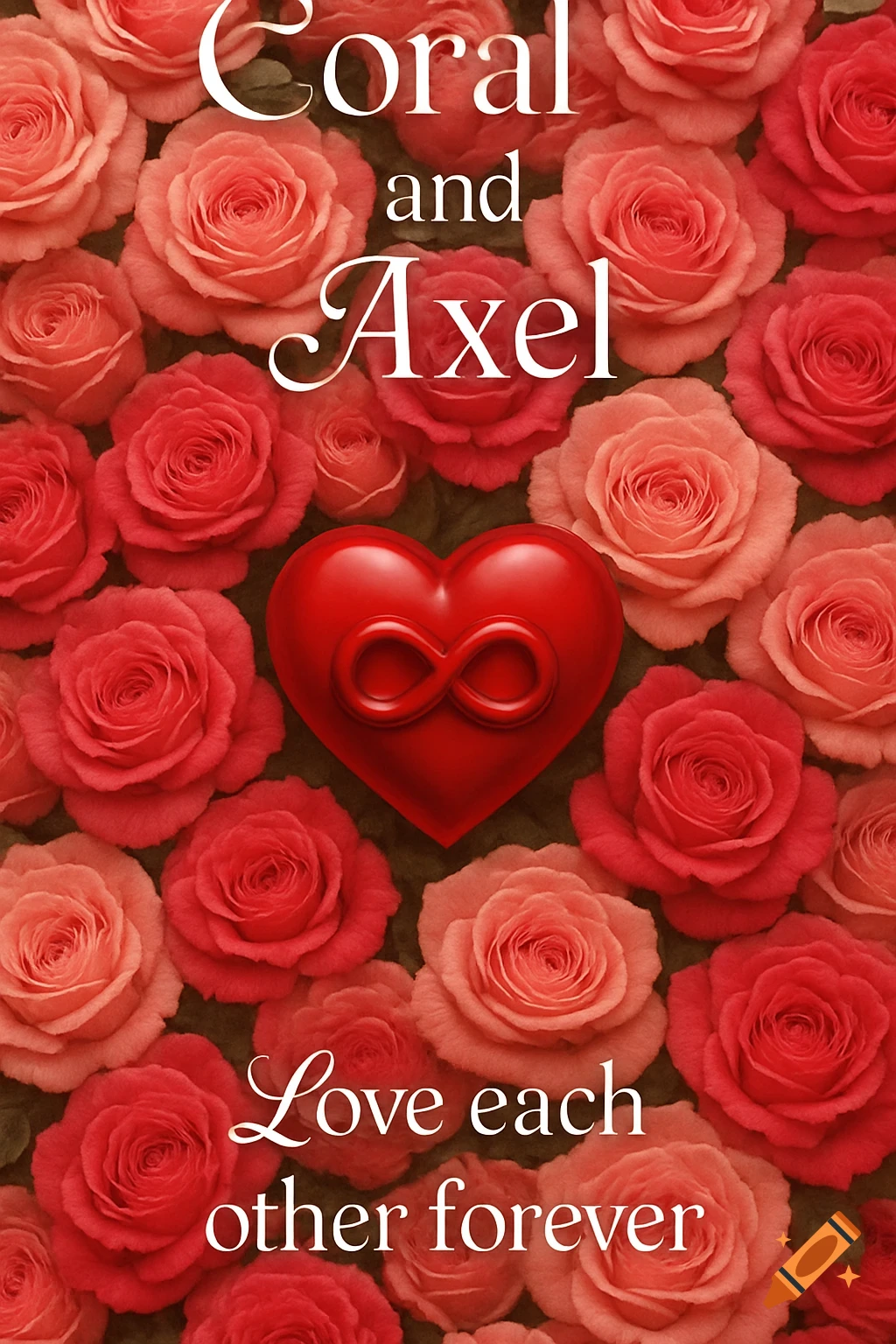 A bed of realistic pink and red roses with a red heart and an infinity symbol. Text reads 'Coral and Axel' and 'Love each other forever'.