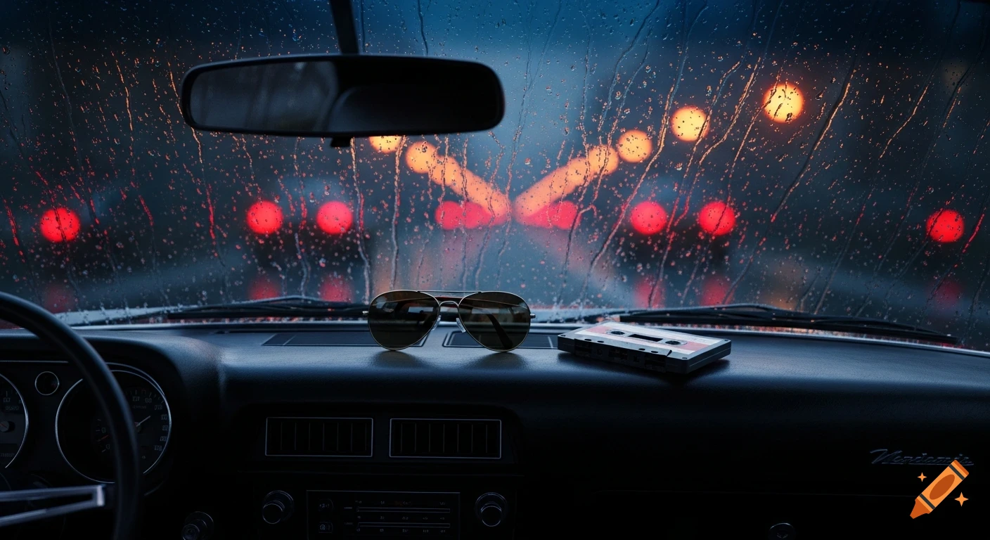 Driver's view from a vintage car at night in a rainy city. Sunglasses and a cassette tape rest on the dashboard. City lights blur in the background.