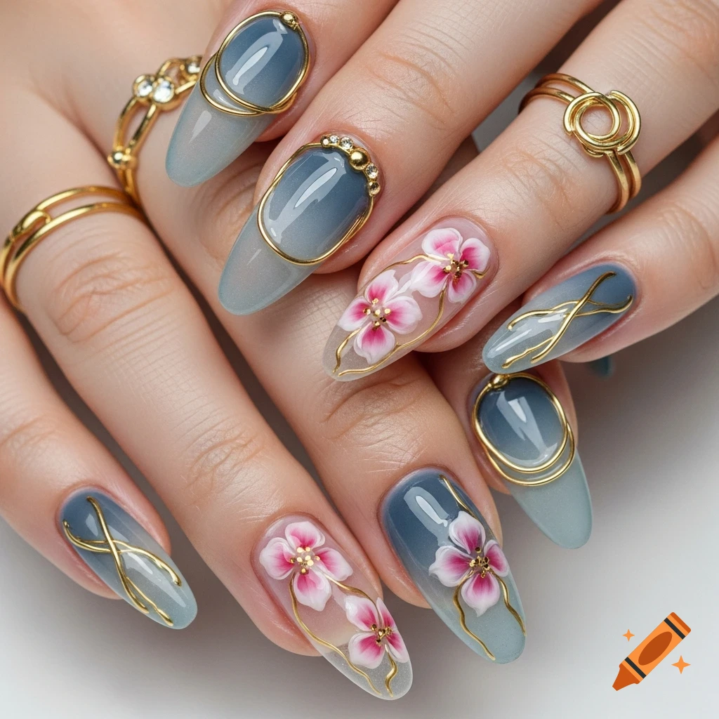Close-up of hands with long almond-shaped nails featuring bluish-gray ombre, pink jelly flowers, and gold wire accents. Gold rings adorn fingers.