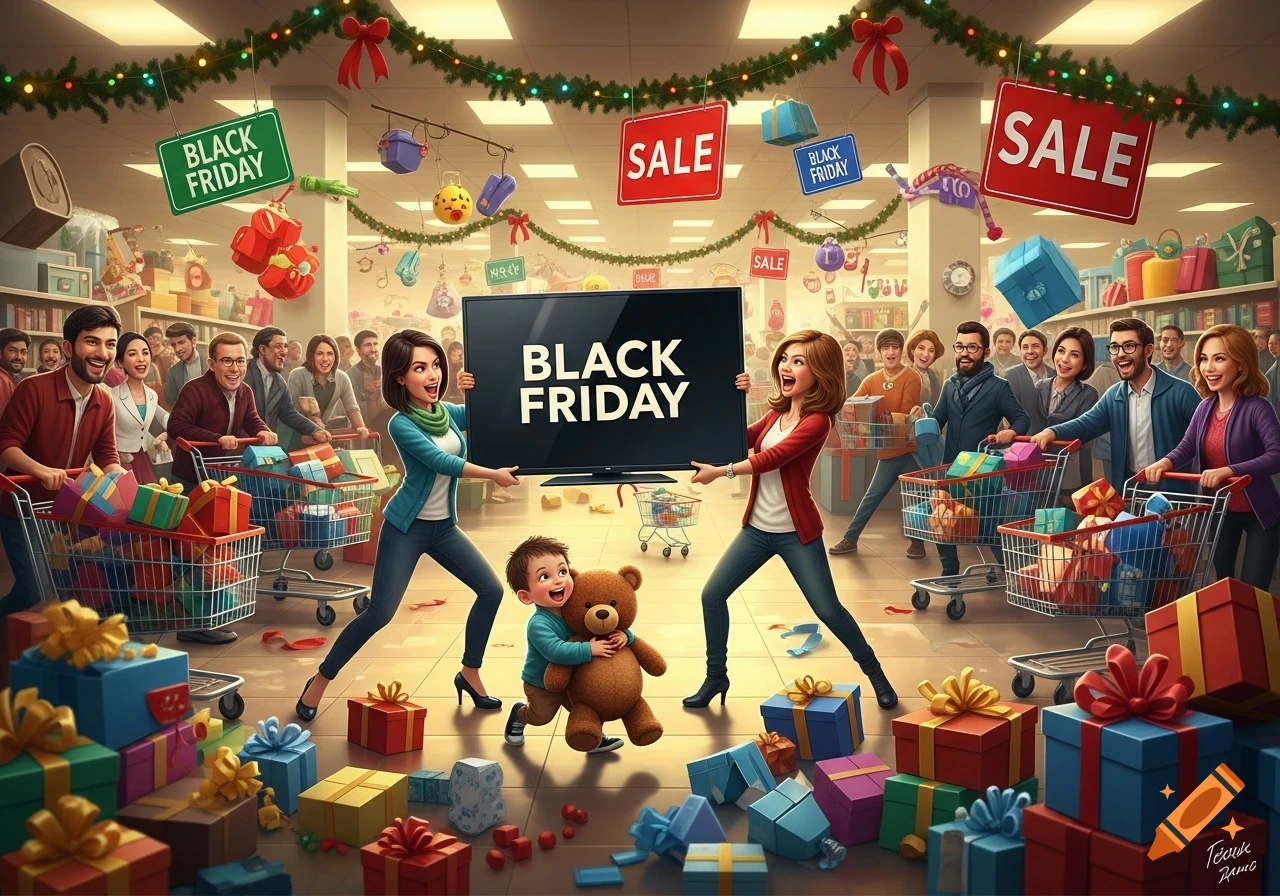 A cartoon illustration of a chaotic Black Friday sale with a large crowd, two women pulling on a TV screen, a child hugging a teddy bear, and many gifts.