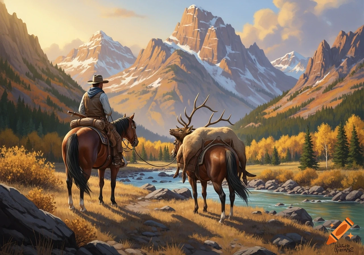 A cowboy on horseback leads a pack horse carrying a bagged elk through an autumn mountain landscape with a river.