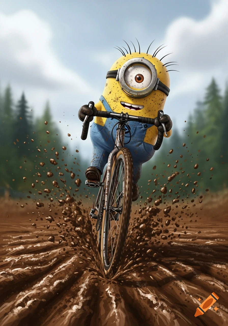 A cheerful Minion rides a cyclocross bike through a muddy track, splashing dirt everywhere, with a forest background in a 3D cartoon style.