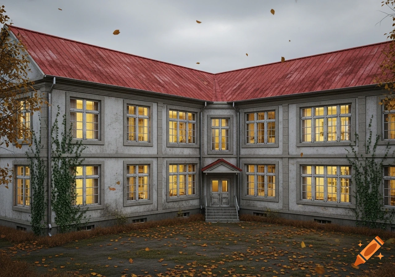 A U-shaped, old-fashioned school building with a red roof, dirty white walls, glowing yellow windows, and fallen autumn leaves on the ground.