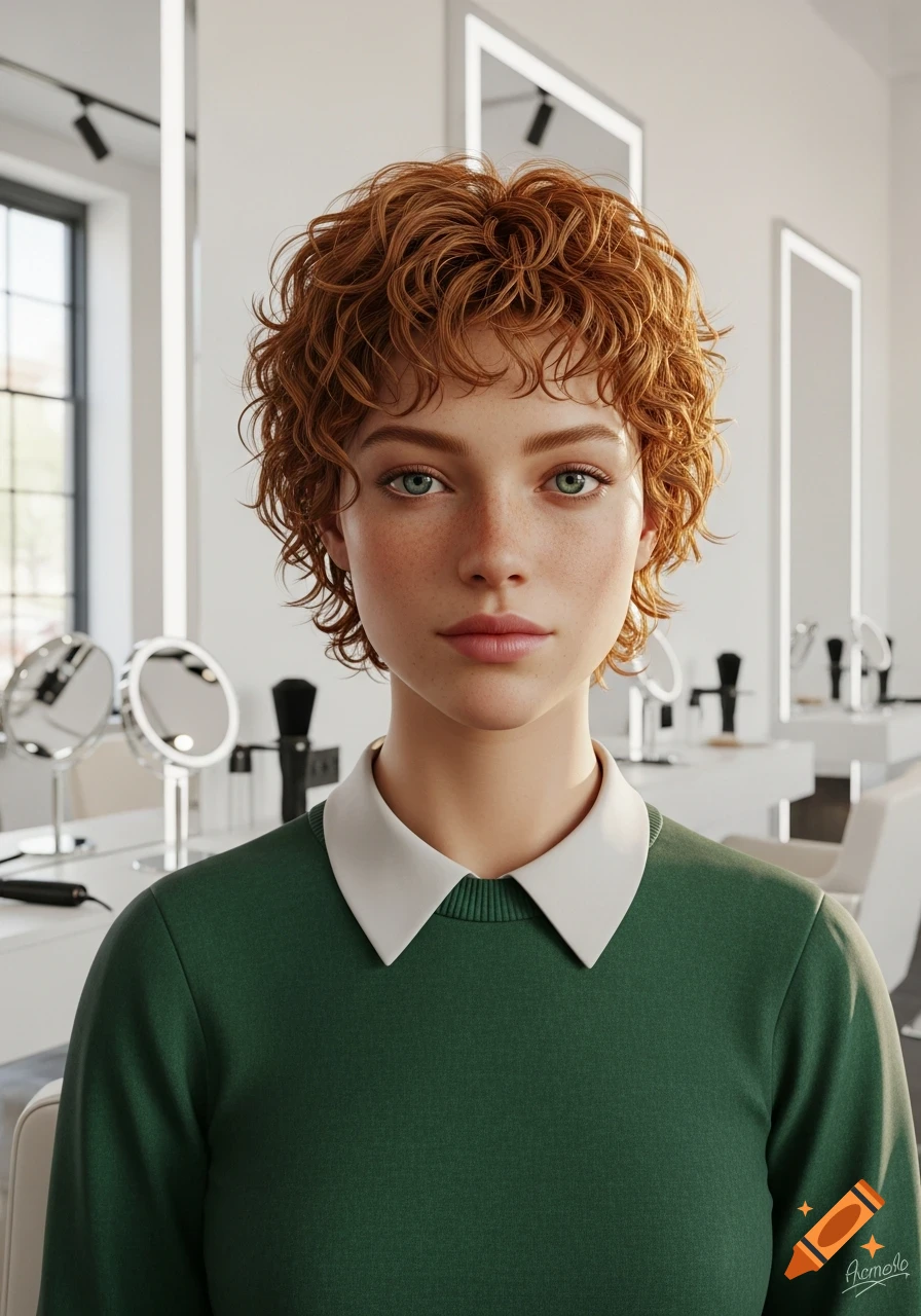 A photorealistic portrait of a young woman with curly ginger hair and green eyes, wearing a green sweater with a white collar, in a salon.