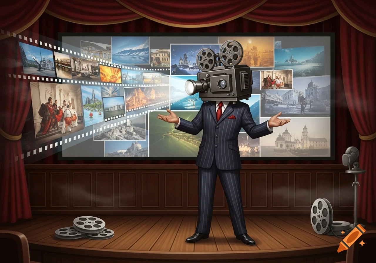 A man in a suit with a film camera for a head stands on a stage, presenting a screen filled with various landscape and architectural images.
