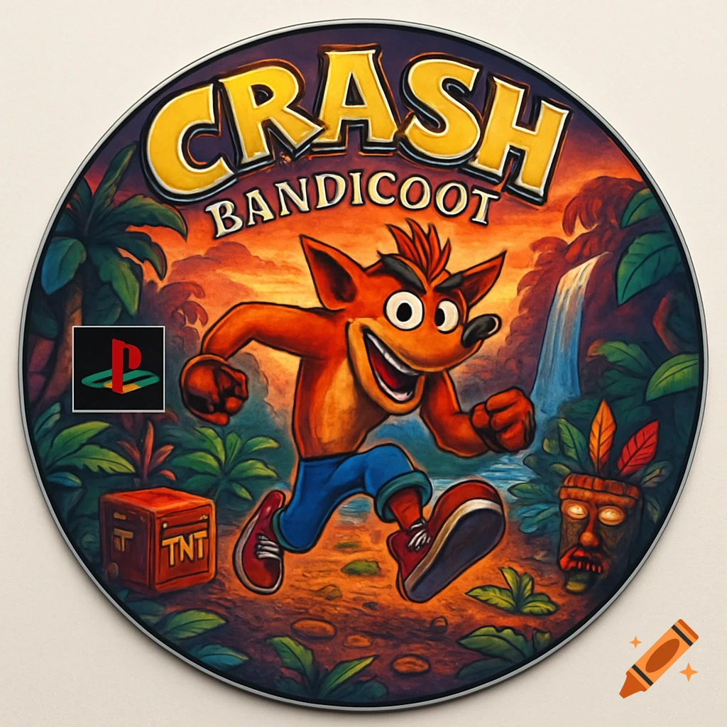Stylized Crash Bandicoot character running on a video game CD label, with a jungle background, a TNT box, and a PlayStation logo.