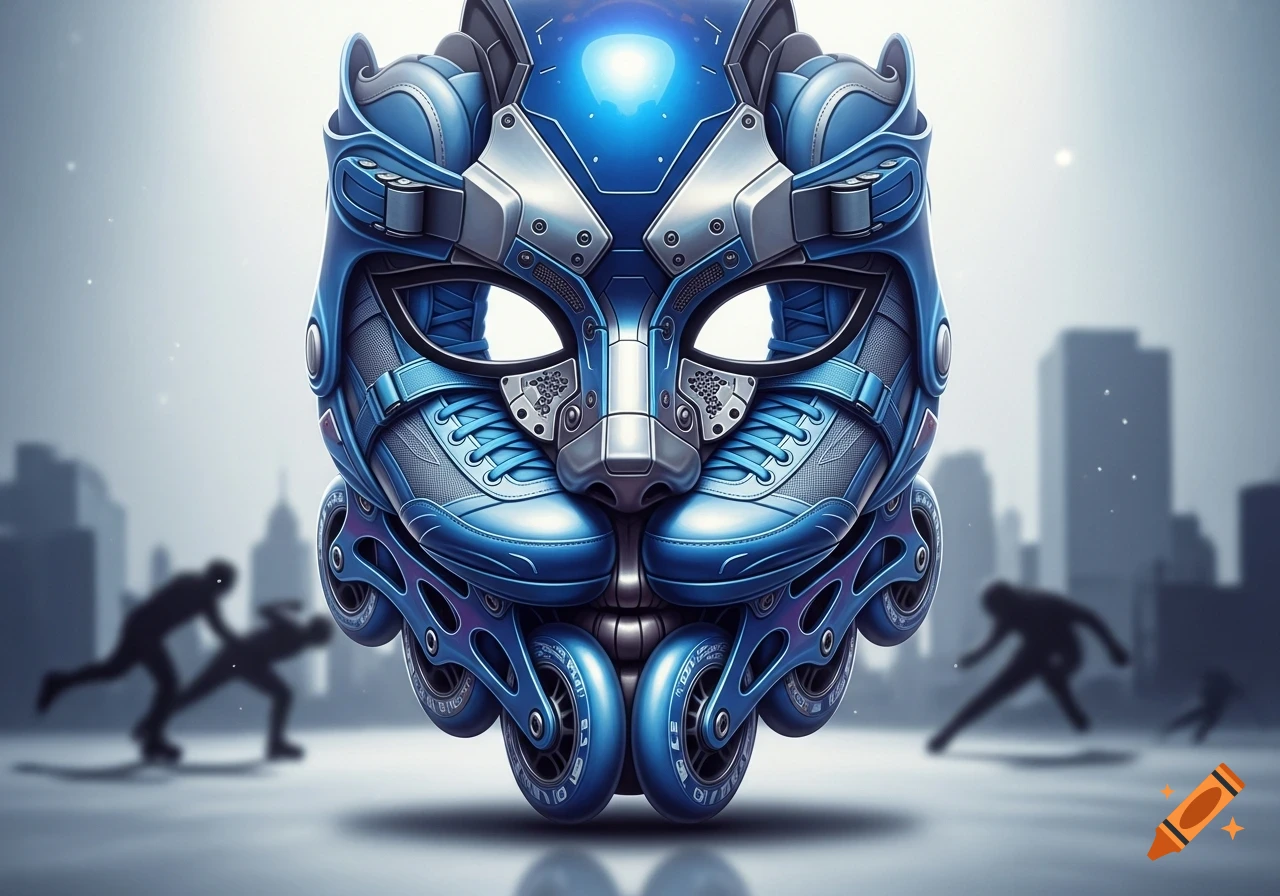 A detailed blue and silver mask resembling a cat, constructed from roller skate components, hovers above a blurred urban street with silhouetted figures.