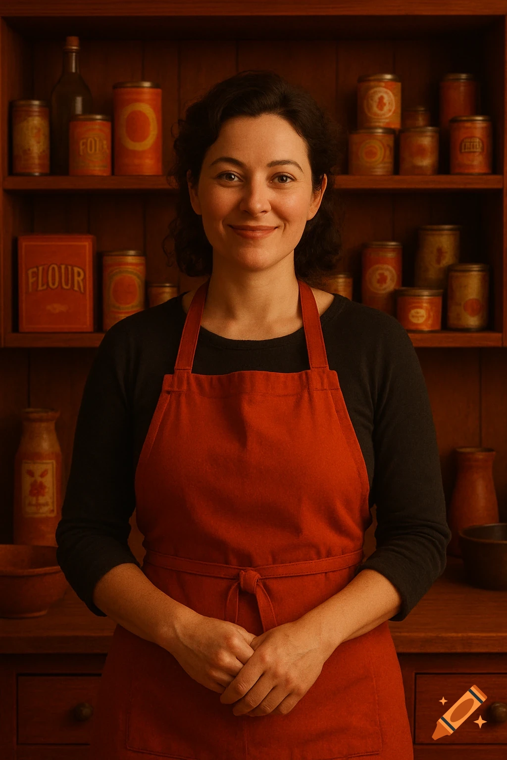 A smiling woman in a red apron stands in a rustic kitchen pantry with shelves of cans and a 'FLOUR' box, photorealistic.