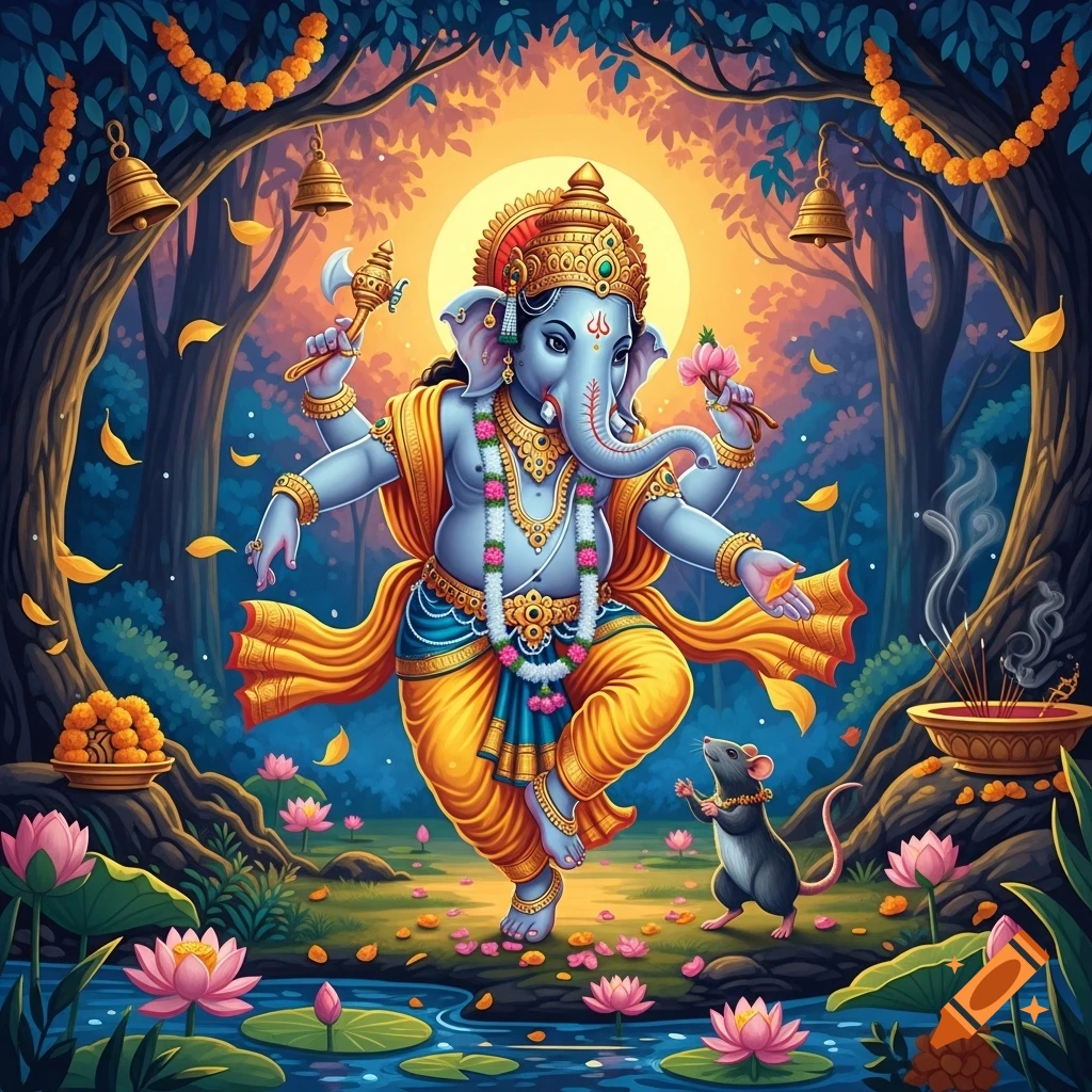 Colorful illustration of the Hindu deity Ganesha dancing with a rat in a mystical forest with lotus flowers and hanging bells.