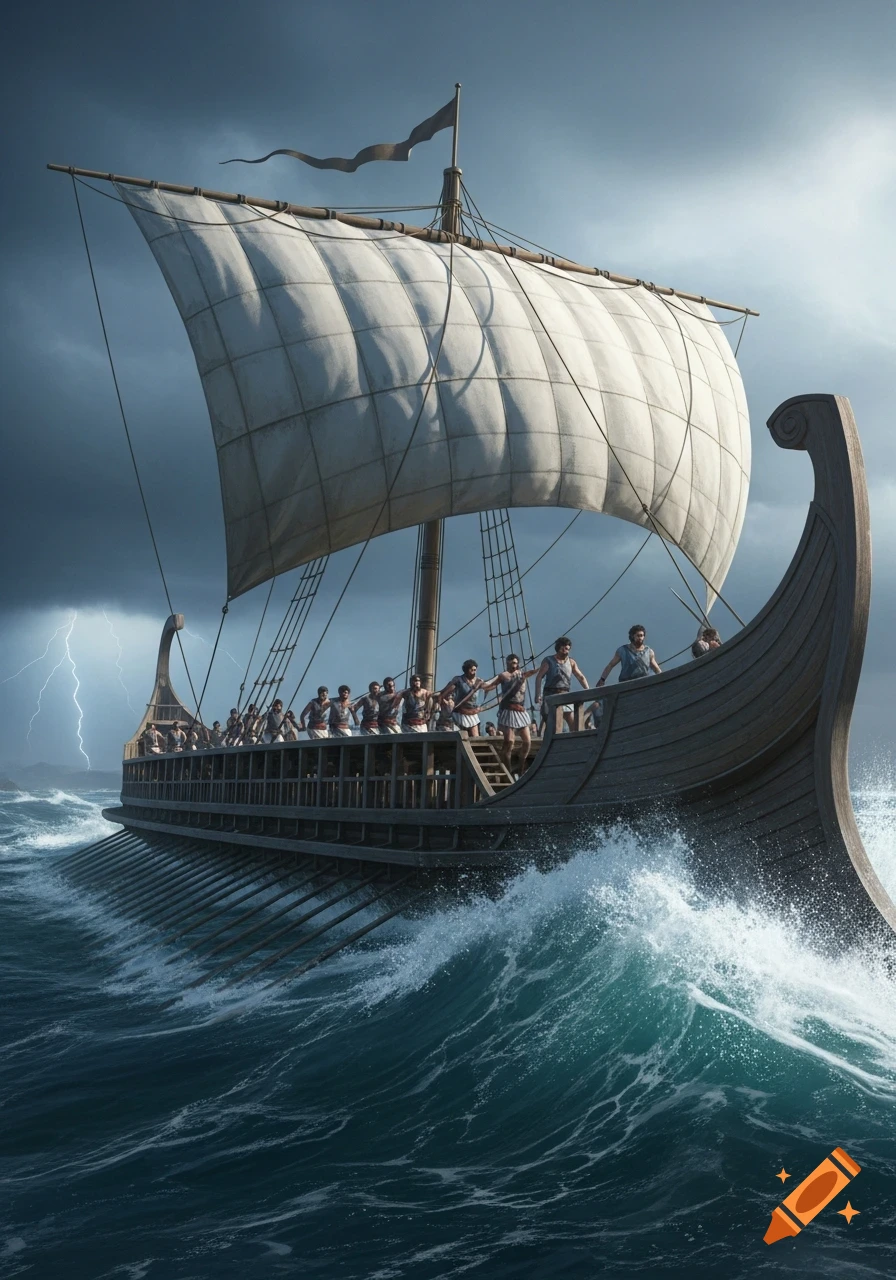 A photorealistic ancient trireme sailing on rough, stormy seas with men on board and lightning in the background.