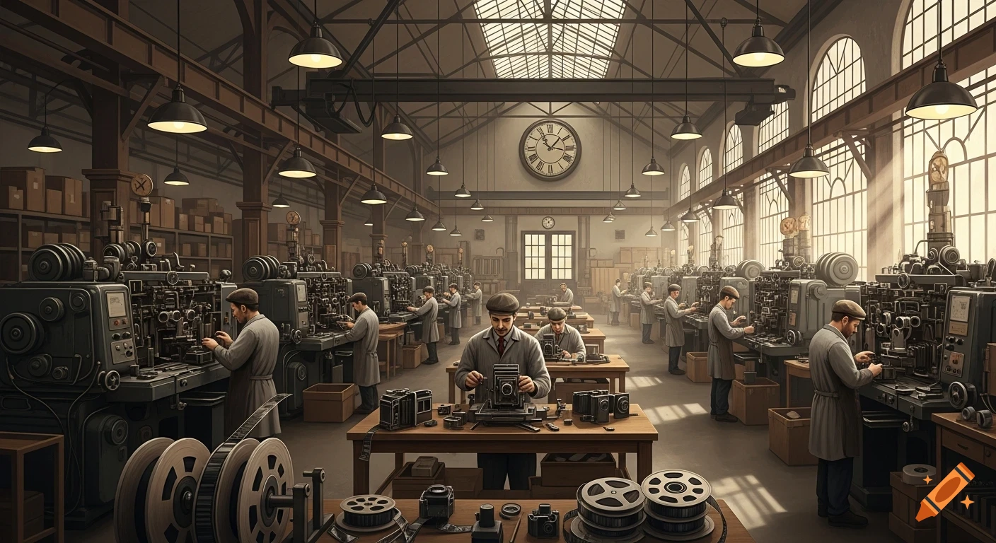 A vast, vintage-style factory hall filled with men in work coats operating complex machinery, with large windows and a clock on the wall.
