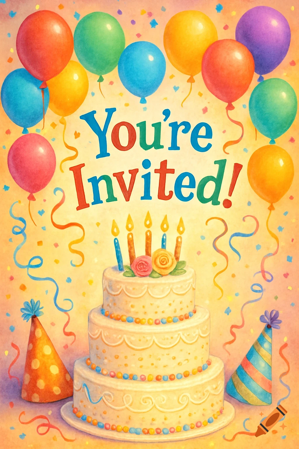 A colorful birthday invitation card featuring a three-tiered cake with candles, numerous balloons, party hats, and the text "You're Invited!"