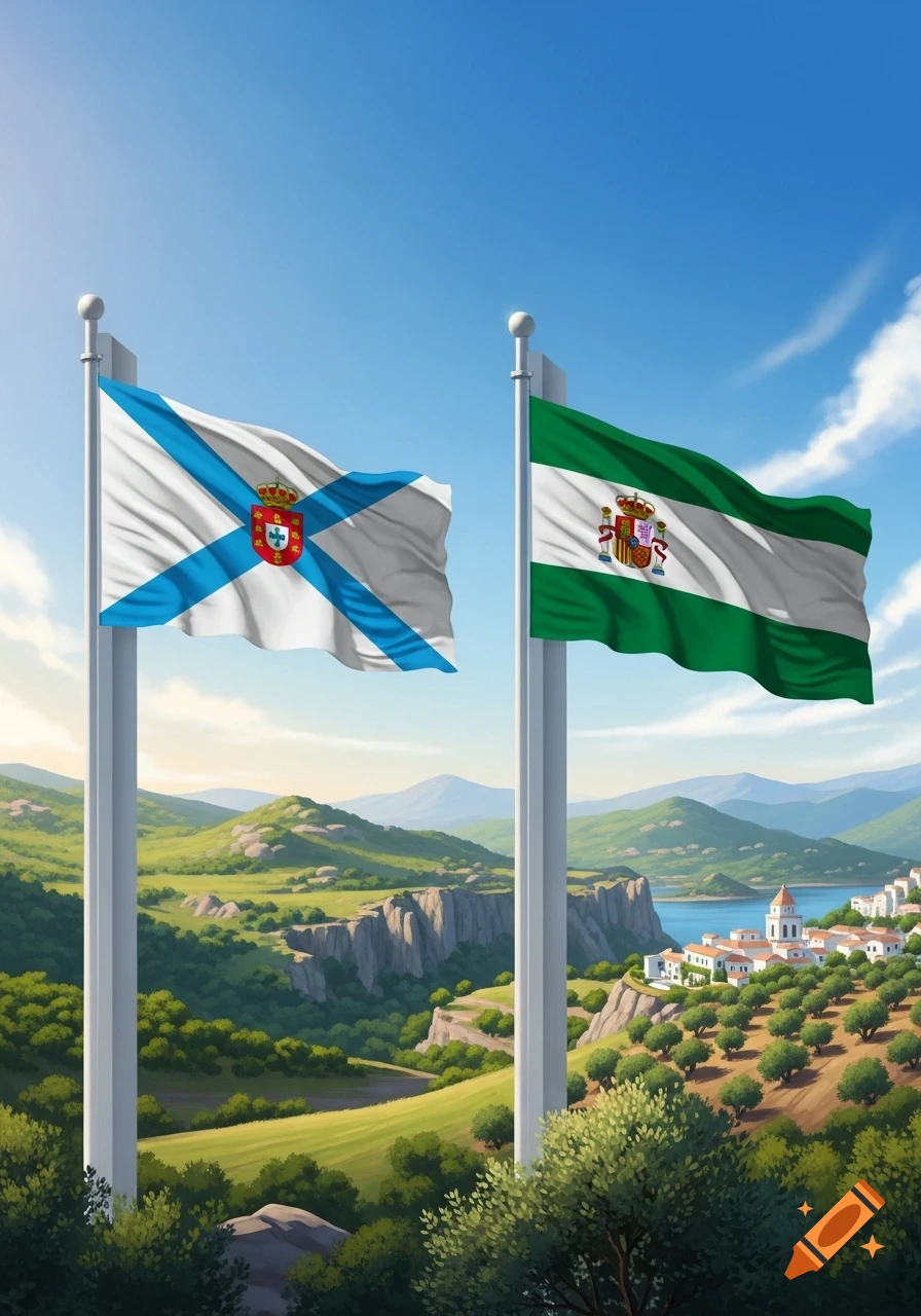 Flags of Galicia and Andalusia waving over a scenic Spanish landscape with green hills, mountains, a lake, and a coastal town.