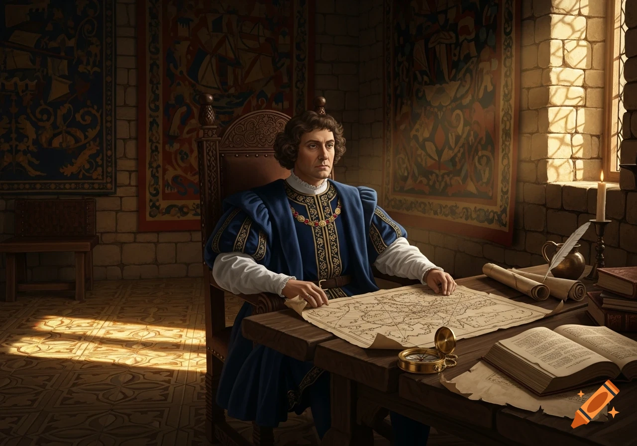 A man in a blue historical tunic sits at a desk with a map, books, and a compass, bathed in sunlight from a stone-walled window.