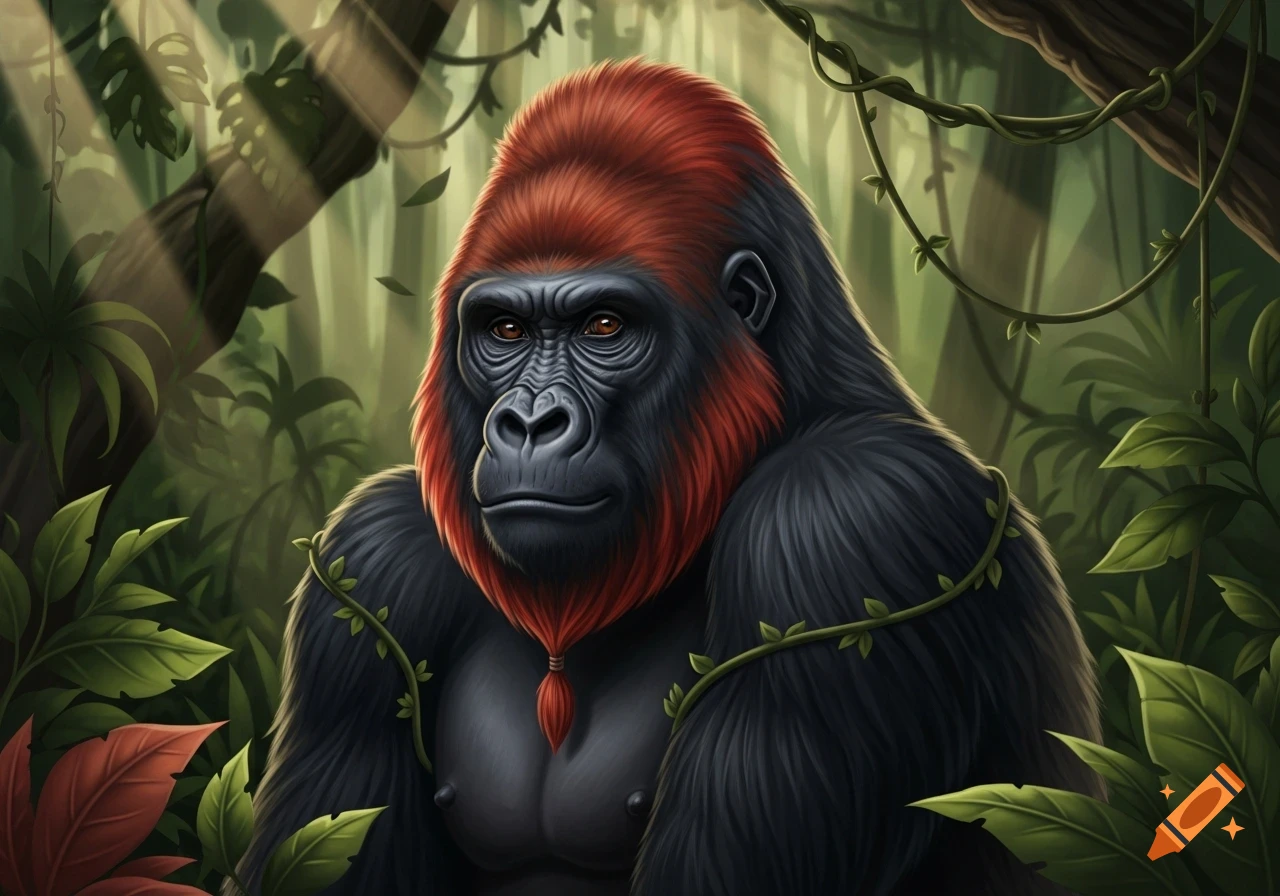 Majestic gorilla with red fur on its head and a red goatee in a vibrant jungle with sunbeams, illustration style.