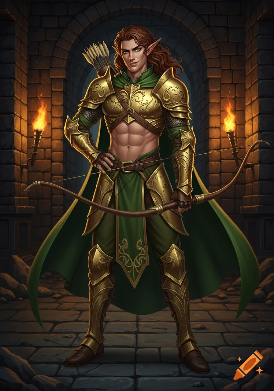 A male wood elf archer in ornate golden and green armor, holding a bow in a heroic pose, standing in a stone dungeon.