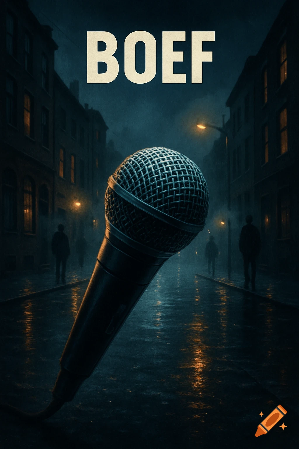 A large microphone stands in a dark, rainy urban street with buildings and streetlights. The word 'BOEF' is at the top.