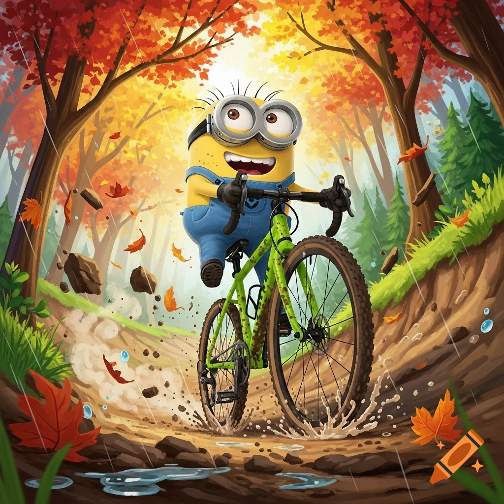 A happy Minion character on a green cyclocross bike rides through an autumn forest path, splashing through puddles with colorful falling leaves.