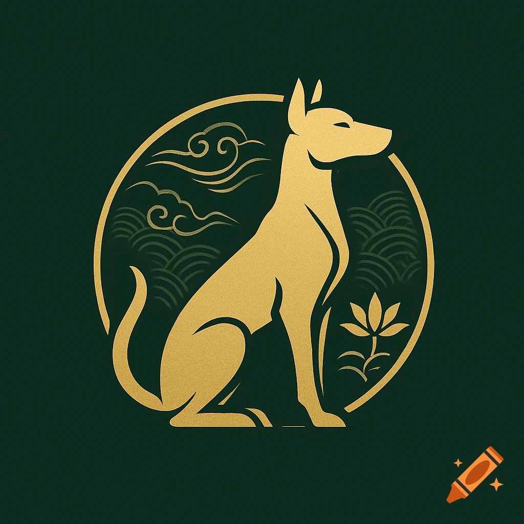 Golden stylized dog logo with clouds, waves, and a lotus flower on a dark green background.