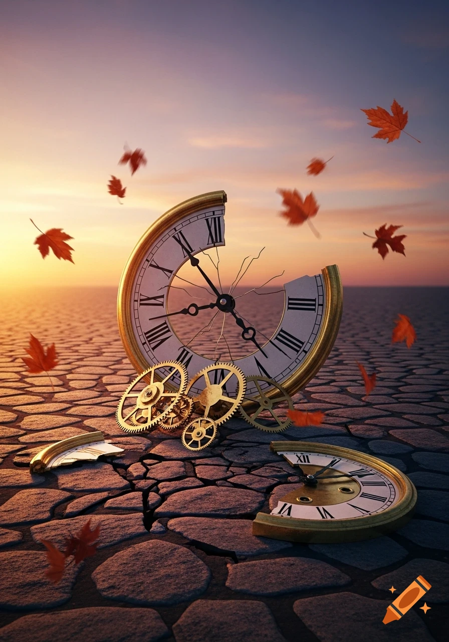 Broken clock face with Roman numerals and gears lie on cracked ground with autumn leaves falling against a sunset sky, in a surreal style.