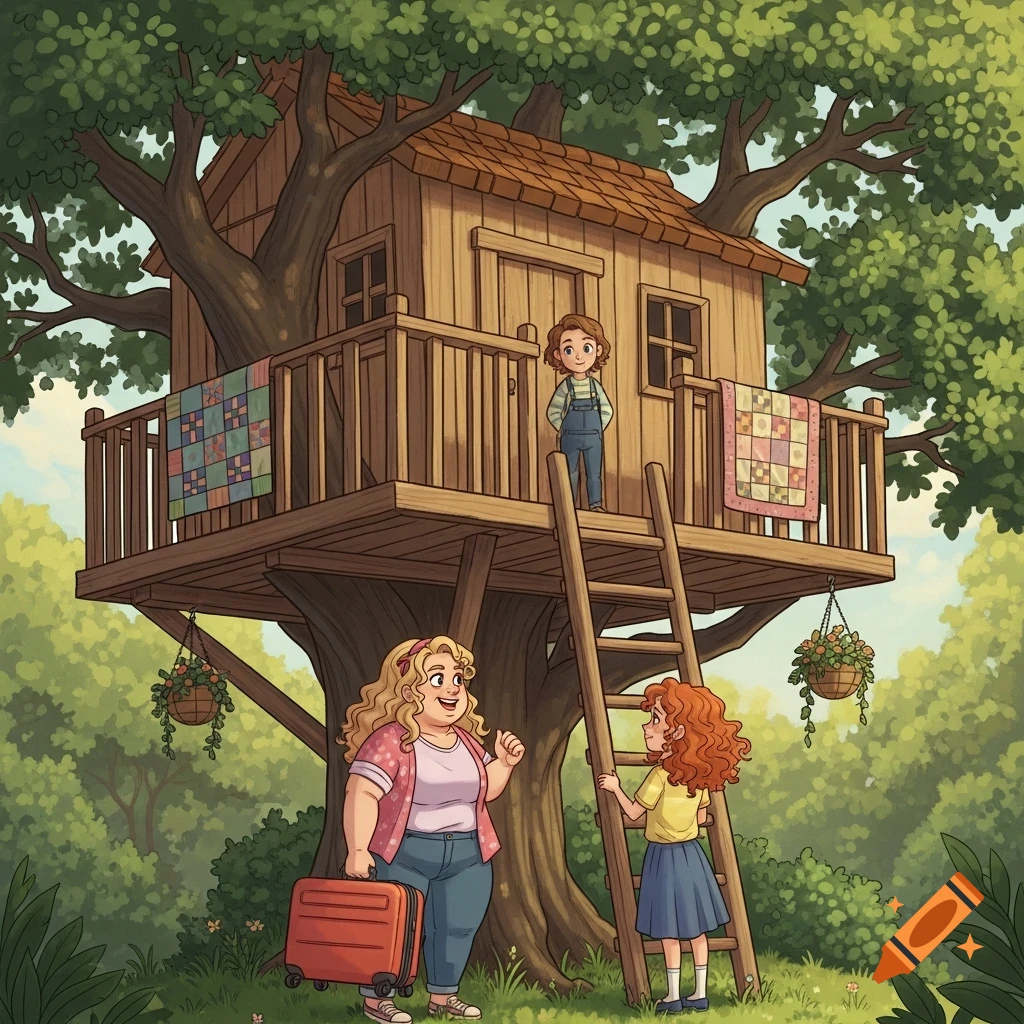 Cartoon illustration of a wooden treehouse with a girl on its balcony, another climbing a ladder, and a woman with a suitcase below.