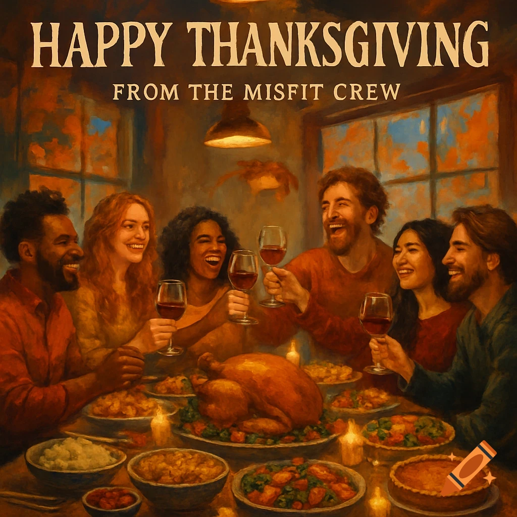A group of diverse friends celebrates Thanksgiving around a richly laden table, laughing and toasting in a warm, painterly style. Text says: HAPPY THANKSGIVING FROM THE MISFIT CREW.