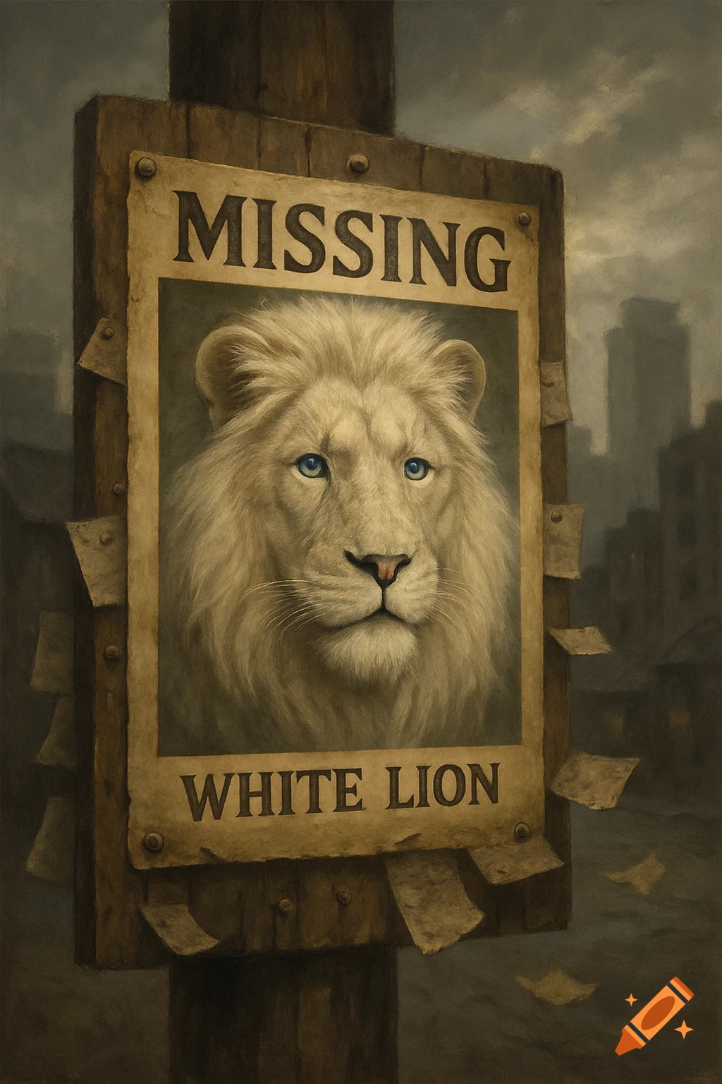 A detailed painting of a 'MISSING WHITE LION' poster with a majestic white lion's head, nailed to a wooden pole in a dark cityscape.