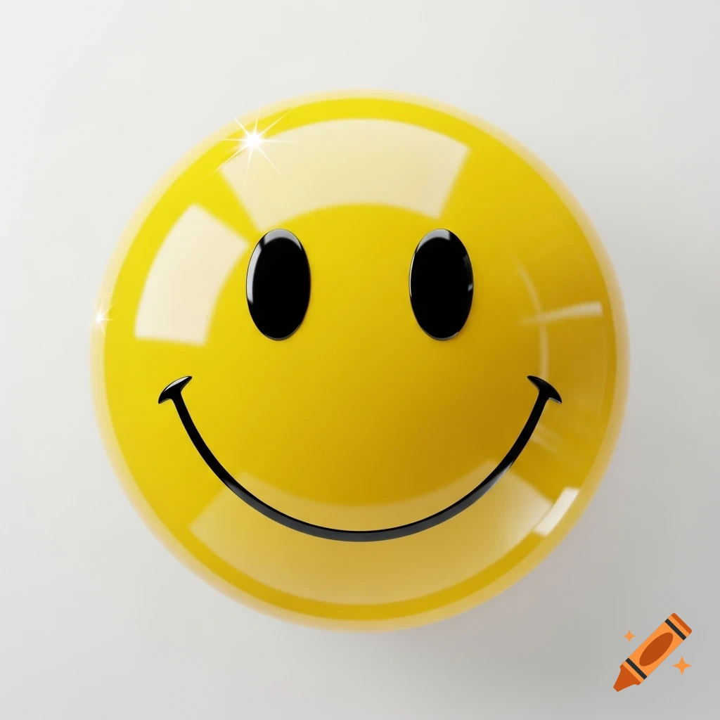 A shiny, glossy yellow smiley face with black oval eyes and a curved smiling mouth, set against a plain white background.