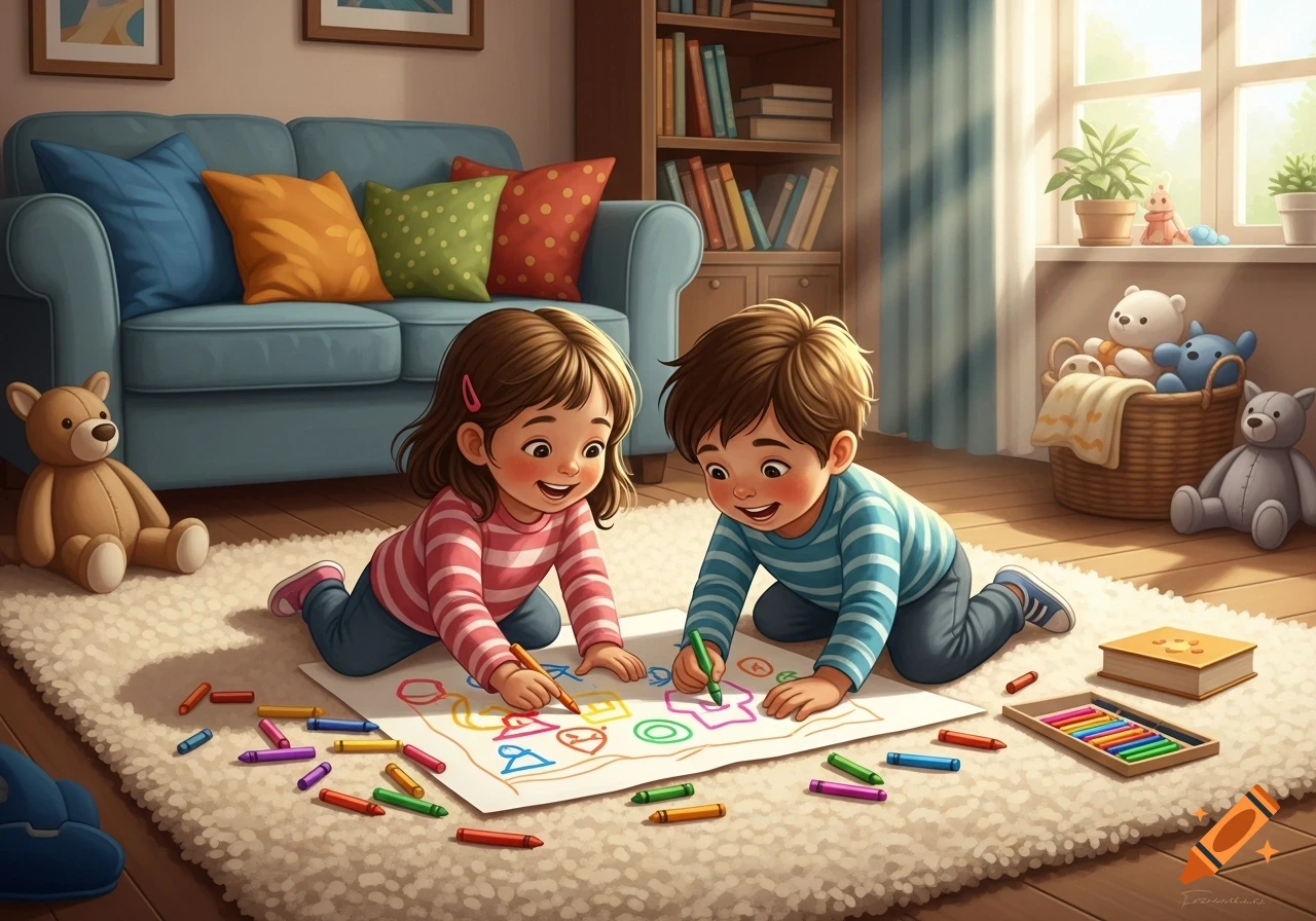 A happy young boy and girl draw with crayons on a rug in a cozy, sunlit living room with a blue couch and bookshelves.